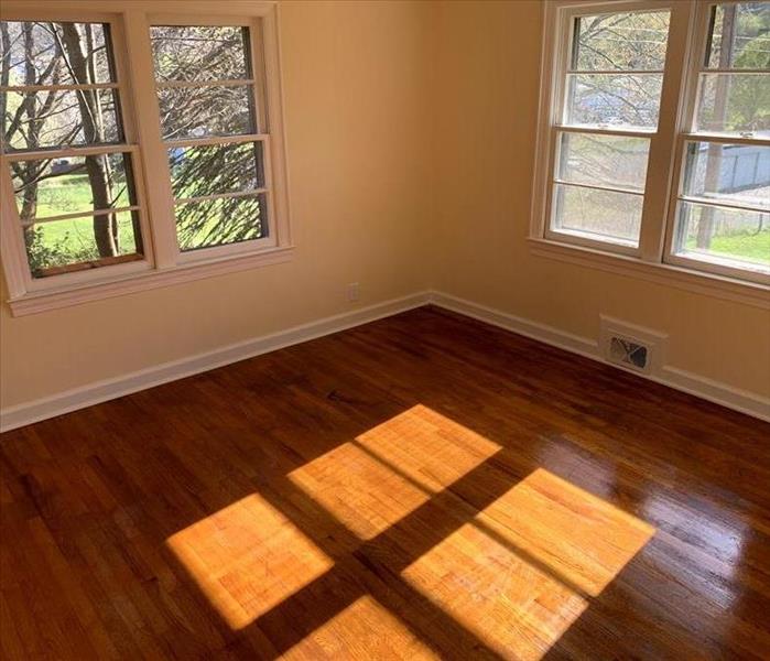 Same hardwood floor, but now is shiny and clean. Sunlight reflecting through a window