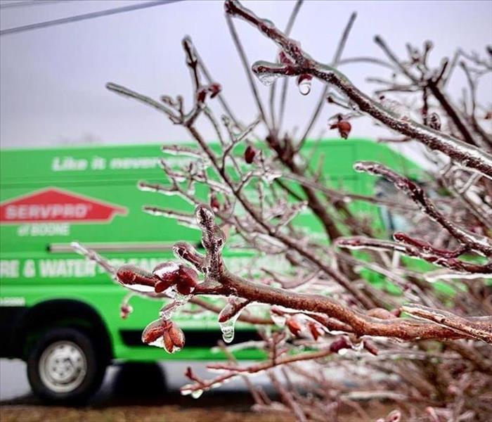Branches from a bush covered in ice in the foreground. The SERVPRO van in the background