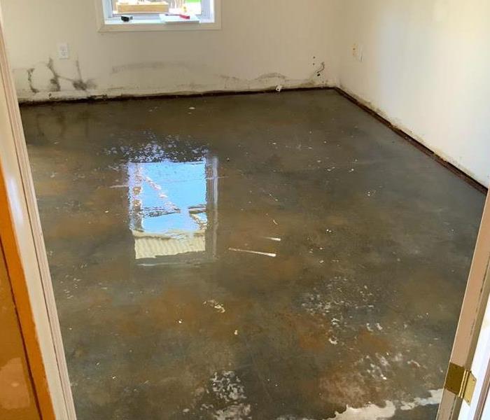 Basement was filled with standing water due to leak in kitchen above.